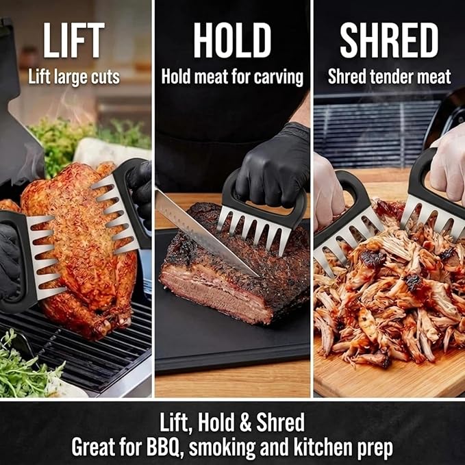 Meat Claws for Shredding Pulled Pork, Stainless Steel Meat Shredder Claws with Black Handles, Bear Claws Meat Shredder Tool for Chicken, Brisket, Turkey, Roasts, BBQ Smoker Grill Accessories, 2 Pack
