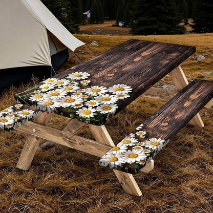Picnic Table Cover with Bench Covers Elastic Edges, Wooden Board Daisy Fitted Table Cover, Outdoor Patio Camping Essentials 3PCS, Waterproof Camping Fitted Tablecloth with Drawstring Bag 96in