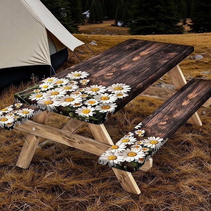 Picnic Table Cover with Bench Covers Elastic Edges, Wooden Board Daisy Fitted Table Cover, Outdoor Patio Camping Essentials 3PCS, Waterproof Camping Fitted Tablecloth with Drawstring Bag 60in