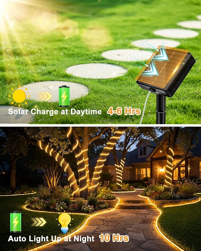 btfarm Solar Rope Lights, 60LED 20FT Solar String Lights Outdoor Waterproof, 8 Lighting Modes Solar Powered Strip Trampoline Light for Outside Garden Tree Christmas Yard Patio Decor, Warm White