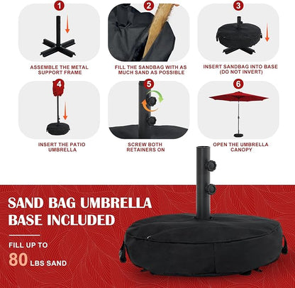 Sundale Outdoor 88 LED 10 FT Solar Patio Umbrella with Base, Red | Sand Bag Umbrella Base, Tilt, Crank, Solar Lights