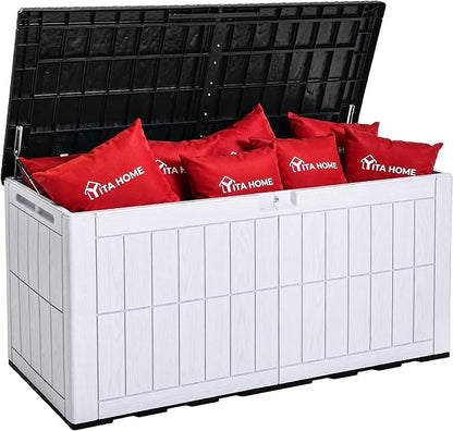 YITAHOME 134 Gallon Large Outdoor Storage Box with Lock, Waterproof Resin Deck Box w/Hydraulic Piston for Garden Tools, Pool Accessories & Cushions(Black & Grayish-White)