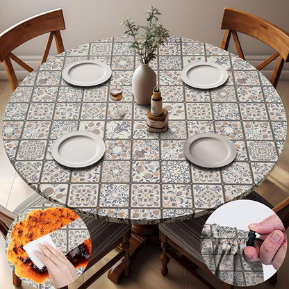 opstellen Fitted Farmhouse Round Tablecloth for 36-44" Tables Stain Resistant Vinyl Manteles Redondos para Mesa Apartment Kitchen Equipment Camping Picnic Products Womens Mens Cool Useful Gift Ideas