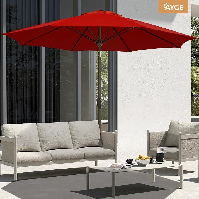 Ayge Patio Umbrella 9 FT Outdoor Table Umbrella Fiberglass for poolside red | Fiberglass frame, 8 ribs, tilt & crank. UPF50+ waterproof canopy. Wind-resistant. For outdoor table, patio, backyard.