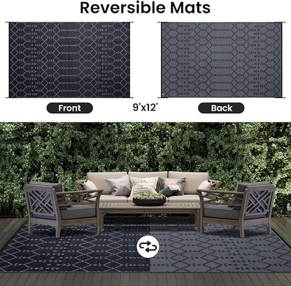 Smiry Outdoor Rug 9x12 ft Waterproof Reversible Boho Mat, Dark Grey | Polypropylene Plastic Straw, Quick Drying, Lightweight Foldable, for Patio, Deck, RV Camping, Backyard and Indoor Outdoor Use