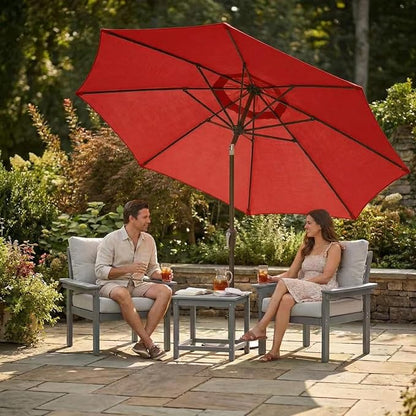Kingdura 9FT Outdoor Patio Umbrella, Round Market Table Umbrella with Push‑Button Tilt and Crank Lift, 8 Sturdy Metal Ribs, UV50+ Protection Canopy for Backyard, Lawn, Deck, Poolside, Garden (Red)