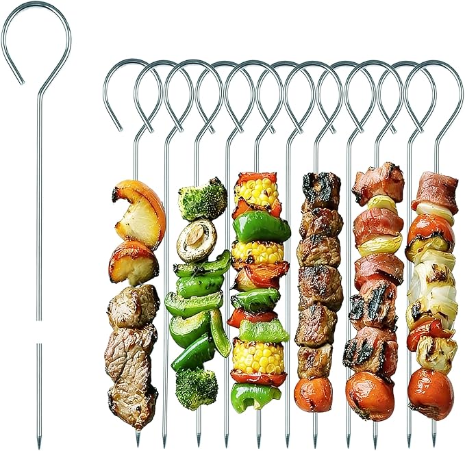 8 Inch Metal Skewers for Grilling(12 PCS),2.5mm Thickened Stainless Steel Kabob Skewers,Reusable Barbecue Skewer Sticks for Turkey, Meat,Shrimp,Chicken,Vegetable