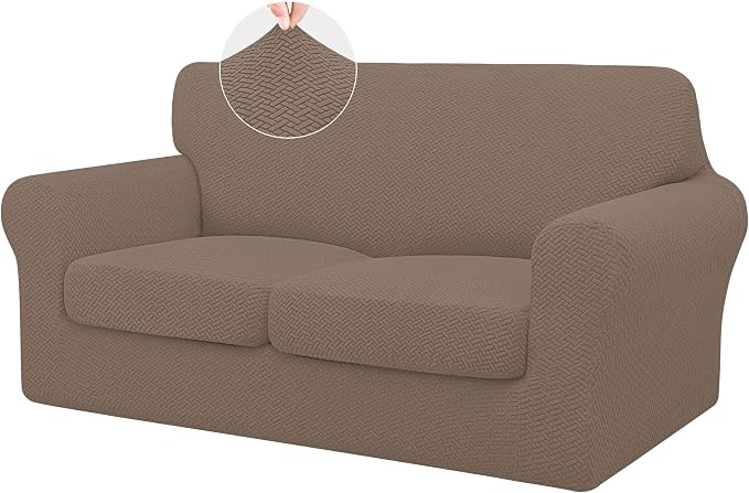 ISSUNTEX 3 Pieces High Stretch Thicken Loveseat Couch Covers, Soft Sofa Slipcover for 2 Separate Cushion Couch, Jacquard Fabric Elastic Sofa Cover Furniture Protector for Dogs (Loveseat, Camel)
