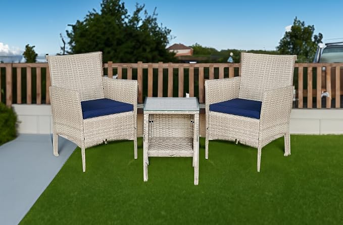 Outdoor Wicker Conversation 3 Piece Bistro Set Garden Patio Yard Porch Furniture Space Saving Pe Rattan 2 Chairs Cushions Side Storage Glass Table Stone Gray/Navy Blue 3pc