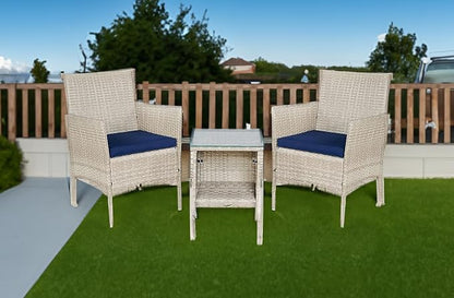 Outdoor Wicker Conversation 3 Piece Bistro Set Garden Patio Yard Porch Furniture Space Saving Pe Rattan 2 Chairs Cushions Side Storage Glass Table Stone Gray/Navy Blue 3pc