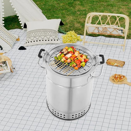 Vertical Charcoal Smoker Barrel Grill, Portable Stainless Steel Surround Charcoal Kebab Grill with 20 Skewers and BBQ 2-In-1 Design for Picnics, Camping, Traveling, Parties, Beaches (13 * 15inch)