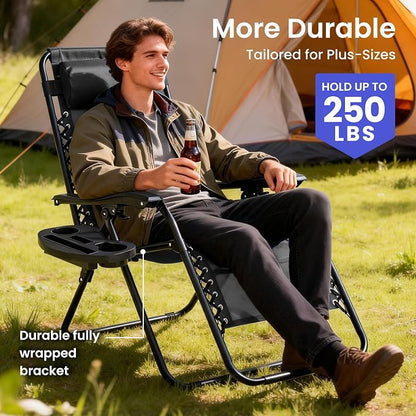 2-Pack Zero Gravity Lounge Chair Recliners - Adjustable Steel Frame with Removable Headrests & Cup/Phone/Tablet Trays - 330LBS Capacity - Black