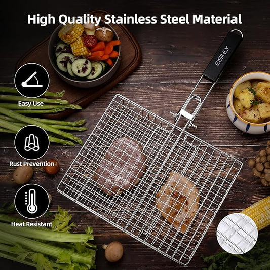 Portable Grill Basket, EISINLY BBQ Grilling Basket for Outdoor Grill with Removable Handle, Stainless Steel Camping Cooking Grill Accessories for Chicken Fish Vegetable