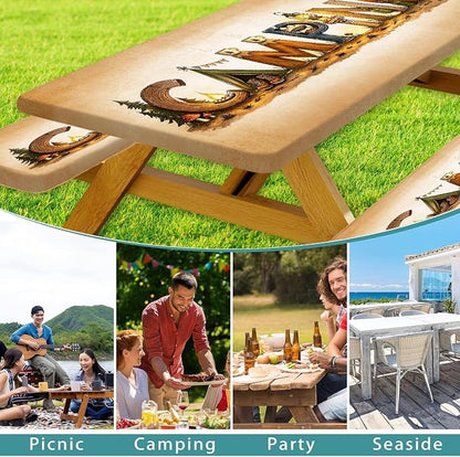 3PCS Vintage Camping Picnic Table Cover with Bench Covers & Storage Bag, 30x96 Inch Rustic Retro Camping Themed Waterproof Fitted Outdoor Patio Tablecloth with Elastic Edges for Campsite RV Backyard