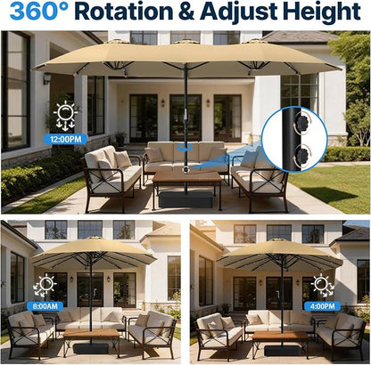 Suteck 15FT Patio Umbrella with Base & Solar Lights, Khaki | Double-Sided, Crank Handle, UV & Fade Resistant Canopy, Poolside, Backyard, Deck, Market