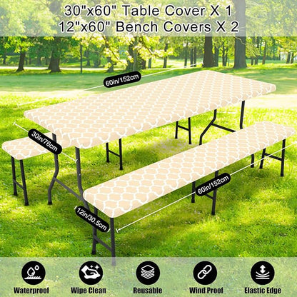 Smiry Picnic Table Cover with Bench Covers, Waterproof Elastic Fitted Tablecloth for 5 Foot Tables, Washable Polyester Tablecloths for Camping, Indoor & Outdoor (Beige, 30x60 Inch 3-pc Set)