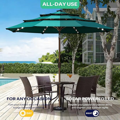 EliteShade USA 10-Year-Non-Fading 10ft 3-Tier Market Patio Umbrella, Commercial Table Umbrella with 80 Solar LED Lights, Crank Open, Windproof & UPF 50+ UV Protection for Garden, Deck, Pool, Backyard, Teal