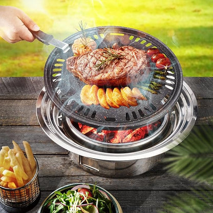 Portable Charcoal Grill, Tabletop Outdoor Barbecue, 13.7 Inches Non-Stick Korean BBQ Grill, Stainless Steel Small BBQ Grill for Outdoor Cooking Backyard Camping Picnics Beach
