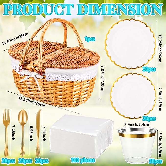 131 Pcs Picnic Kit Extra Large Outdoor Boho Blanket Wicker Picnic Basket Boho Tablecloth Table Runner 6 Throw Pillows Covers Gold Disposable Plates and Cutlery Set for Camp Wedding