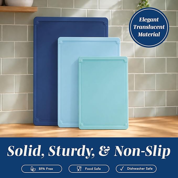 COOK WITH COLOR Extra Large Cutting Board Set, Jumbo-Sized Boards with Rubber Border for Enhanced Cooking Experience, 3-Piece, Blue