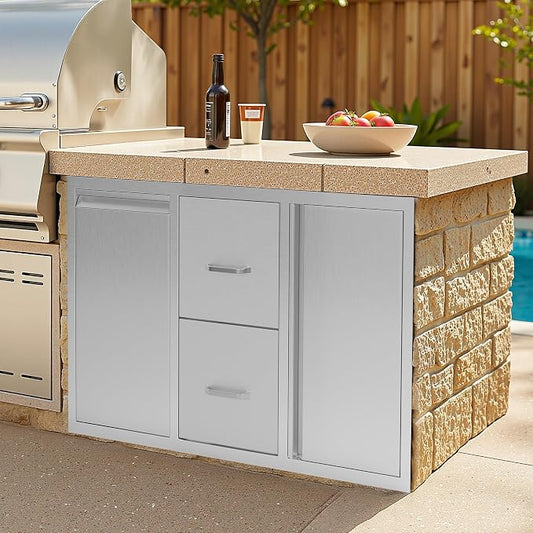 Jocisland 41.5" W×20" D×23" H Stainless Steel Outdoor Kitchen Drawers, Double Drawers with Trash Drawer & Door, 3-Tier Cabinet, Built-in BBQ Island Storage for Outdoor Kitchens