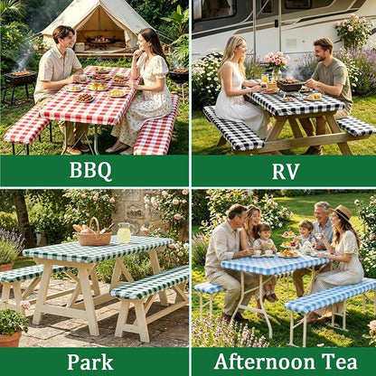 Poise3EHome Picnic Table Cover with Bench Covers, 6 Foot Fitted Elastic Tablecloth Set, Heavy Duty Polyester with TPU Waterproof Backing, Washable Outdoor Picnic Set for Camping,RV & Park(Green&White)