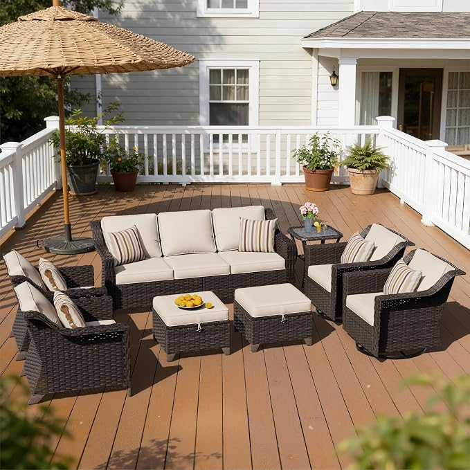 8 Piece Patio Furniture Set, Wicker Outdoor Conversation Set | Patio Chair Set with Olefin Removable Cushion, All-Weather Outdoor Couch with Deep Seat for Porch, Deck and Backyard, Beige