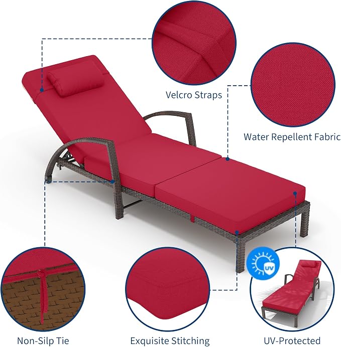 GarveeLife 2-Piece Rattan Patio Folding Chaise Lounge, 5-Position Adjustable Backrest Outdoor Lounge Chair with Cushion and Pillow for Poolside, Backyard, Deck, Porch, Red
