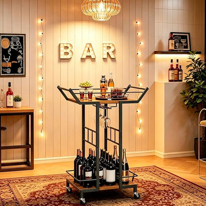 Bar Cart, 3-Tier Serving Cart with Wine Glass Rack, Drink Cart with Wheels, Rolling Beverage Cart, for Living Room, Party, Rustic Brown BC10BR