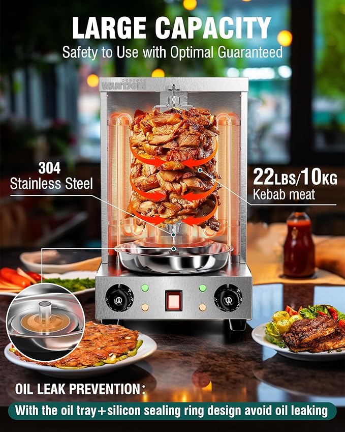WantJoin Shawarma Grill Machine - 22 LBS Capacity Electric Shawarma Machine w/ 2 Burners, 122°F to 572°F Temp For Chicken, Beef, Gyro Meat, Stainless Steel Gyro Machine For Commercial Use, 2520W