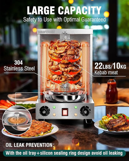 WantJoin Shawarma Grill Machine - 22 LBS Capacity Electric Shawarma Machine w/ 2 Burners, 122°F to 572°F Temp For Chicken, Beef, Gyro Meat, Stainless Steel Gyro Machine For Commercial Use, 2520W