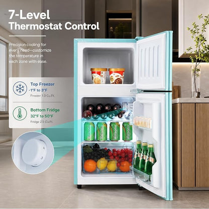 Retro Fridge with Freezer, 3.5 Cu. Ft. Mini Fridge Aqua Blue | Small Refrigerator with 7-Level Adjustable Thermostat, Retro Compact Refrigerator 2-Door Fridges for Apartment/Dorm/Office/RV