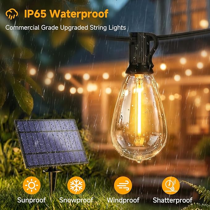 25FT Solar String Lights with Remote, 3 Lighting Mode Outdoor Waterproof Dimmable Patio Lights String with 10+1 Shatterproof S11 LED Bulbs for Backyard-Black