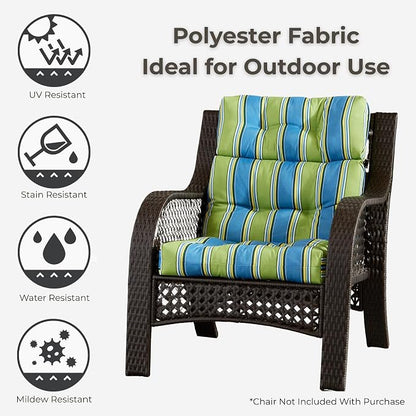 Outdoor Tufted High-Back Chair Cushions, One-Piece Hinged Seat and Back Design, Reversible with 4 Ties, Durable Polyester Fabric, Recycled Fiber Fill - Single, Cayman Stripe