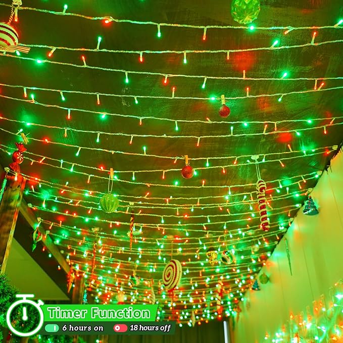 YEGUO 165ft 500 LED Red and Green Christmas Lights Outdoor Waterproof, Clear Wire String Lights Indoor Plug in, 8 Modes Clear Wire Twinkle Tree Light for Xmas Party Garden