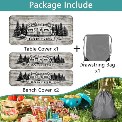 RV Forest Mountain Picnic Table Cover with Bench Covers, Camping Essentials, Elastic Fitted Tablecloths for 6 FT Rectangle Tables, Washable 3PCS Patio Tablecloth for Indoor Outdoor Garden, 30x60 Inch