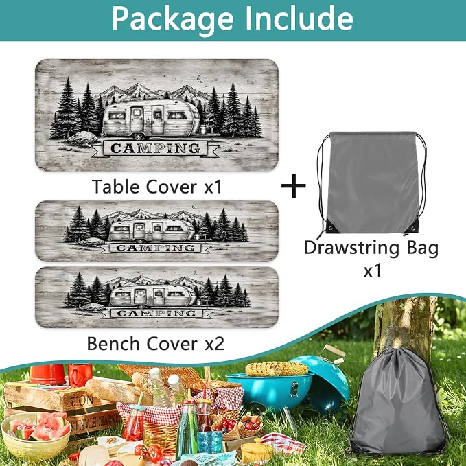 RV Forest Mountain Picnic Table Cover with Bench Covers, Camping Essentials, Elastic Fitted Tablecloths for 6 FT Rectangle Tables, Washable 3PCS Patio Tablecloth for Indoor Outdoor Garden, 30x96 Inch