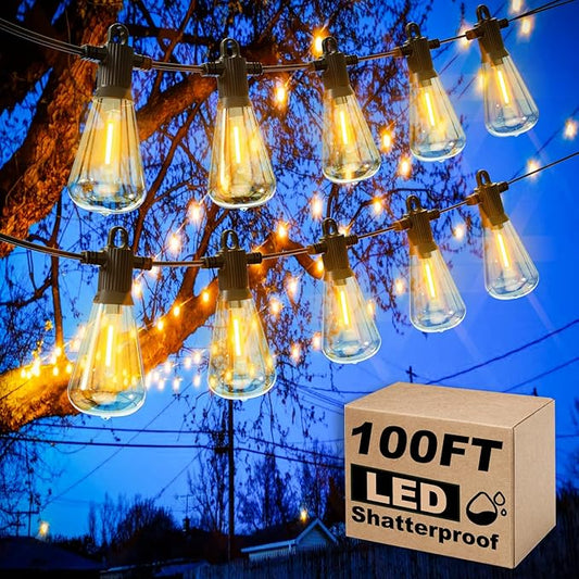 Zuske 100FT Outdoor String Lights, LED Patio Lights with 50+3 ST38 Vintage Edison Shatterproof Bulbs, IP65 Weatherproof Outside Hanging Lights for Backyard Bistro Cafe Garden(50FTx2)
