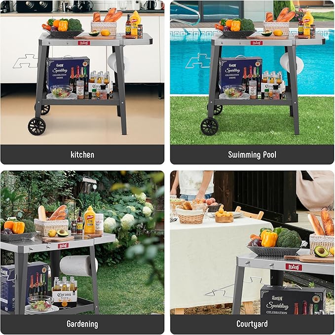 Feasto Grill Table with 31" x 19" Stainless Steel Top, Rolling Pizza Oven Stand with Foldable Extension Table, Outdoor Bar Cart for Compact Pizza Ovens & Griddles, Patio BBQ & Deck Parties, Gray