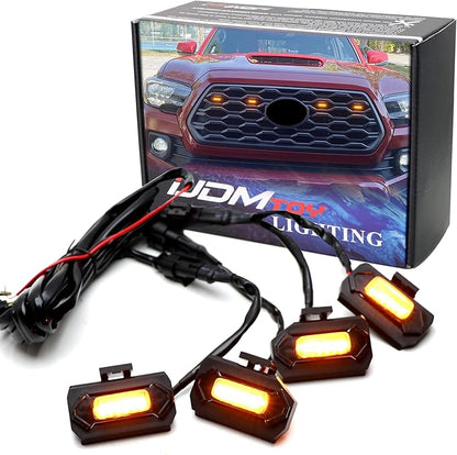 iJDMTOY Tinted Lens 4pc Amber Yellow LED Front Grill Lighting Kit Compatible with Toyota 2020-2023 Tacoma TRD/Off-Road Grille, Includes (4) 12-SMD Lightly Smoked Cover LED Lamps & Wiring Harness
