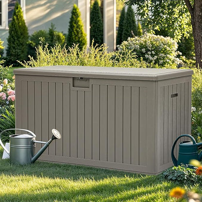 YITAHOME 220 Gallon Extra Large Deck Box, Double-Wall Resin Outdoor Storage Box with Flexible Divider for Patio Cushions Pool Supplies Garden Tools, 990 lbs Load Capacity, Lockable (Light Brown)