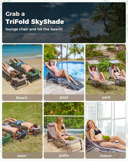 KingCamp Tanning Chair with Face Hole, Lounge Chairs Outdoor Folding Comfy Adjustable 5-Position Foldable Chaise Chaser with Canopy Shade for Outside Beach Patio Sun Bathing Pool, Grey