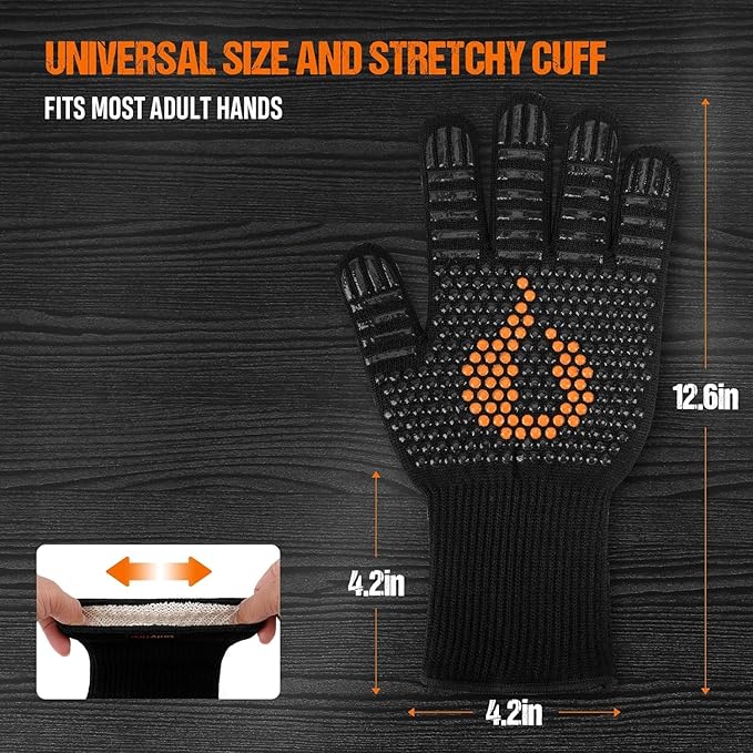 onlyfire 1472°F Heat Resistant BBQ Grill Gloves 4 Reusable Nylon Liners + 100 Disposable Nitrile Gloves Anti-Slip Oven Gloves for Hot Food, Handling Meat Shredding, Grill Cleaning