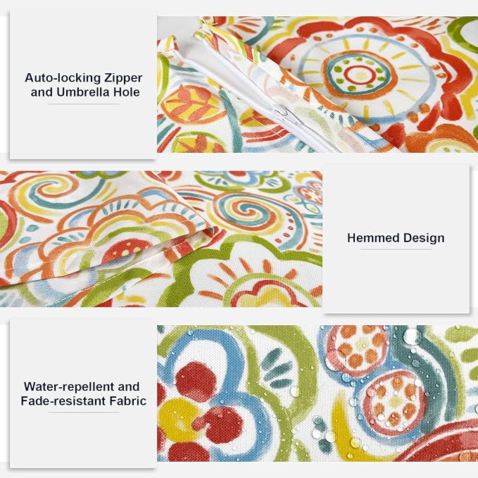 Outdoor Rectangle Tablecloth, 60×84 Inch Water Repellent Picnic Table Cover with Umbrella Hole Zipper for Patio Family Meal, Flower Multi