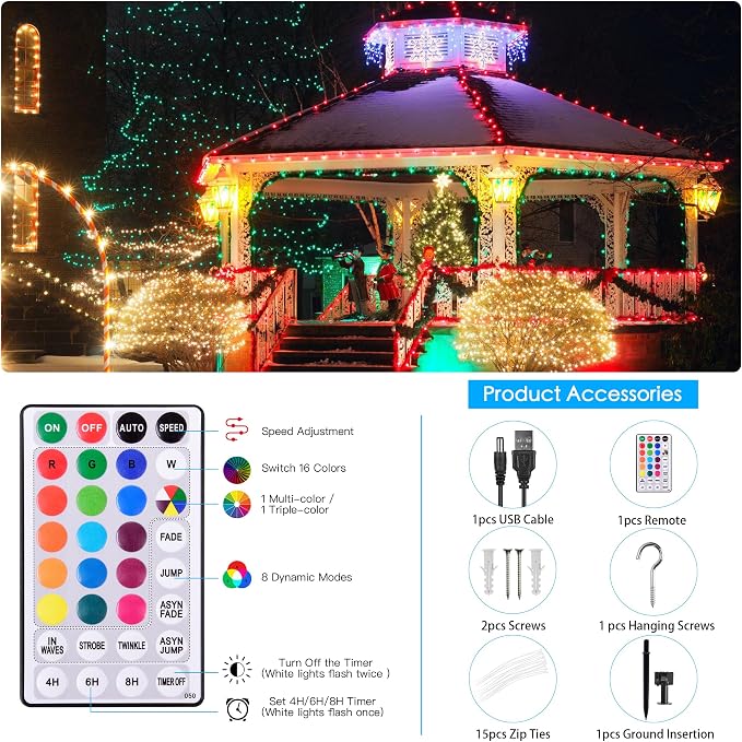 Solar String Lights Outdoor Waterproof 40Ft Color Changing with Remote | 18 Colors 100 LED Christmas Light Solar Powered & USB, RGB Fairy Lighting for Outside Tree Fence Party Indoor Halloween Decor