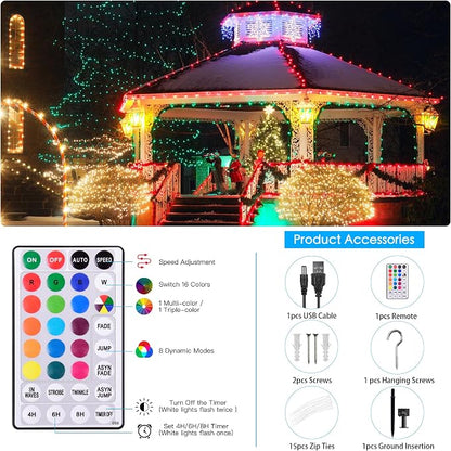 Solar String Lights Outdoor Waterproof 40Ft Color Changing with Remote | 18 Colors 100 LED Christmas Light Solar Powered & USB, RGB Fairy Lighting for Outside Tree Fence Party Indoor Halloween Decor
