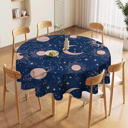 Moon Sun Round Tablecloth Vintage Star Magical Galaxy Space Boho Celestial Table Cloth Water Resistant Wipeable Table Cover for Farmhouse Picnic Party Holiday Kitchen Dinner Table 36"