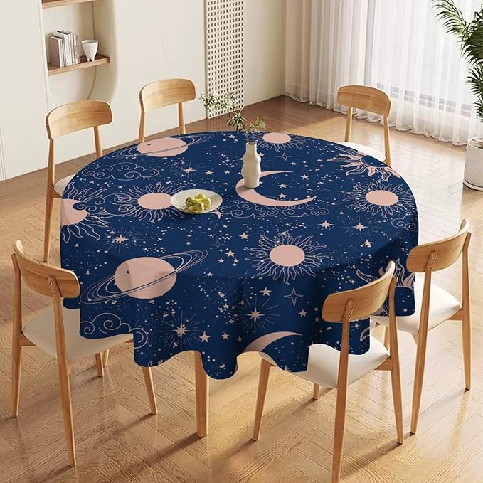 Moon Sun Round Tablecloth Vintage Star Magical Galaxy Space Boho Celestial Table Cloth Water Resistant Wipeable Table Cover for Farmhouse Picnic Party Holiday Kitchen Dinner Table 50"