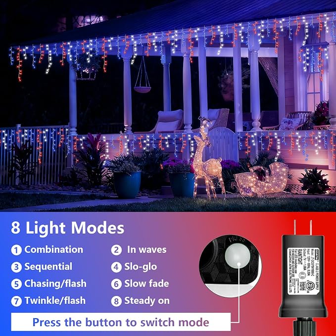 YEGUO 33ft 400 LED Red White and Blue Icicle Lights, 80 Drops 4th of July Icicle Lights for Outside Connectable, 8 Modes Clear Wire Independence Day String Light Indoor with Memory