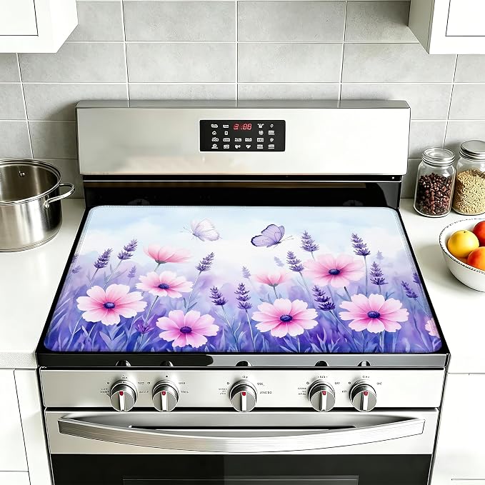 Purple Flowers Stove Top Covers for Electric Stove,Spring Floral Butterfly Glass Top Stove Cover, Heat Resistant Range Covers for Electric Stove,Washable Countertop Mat, 28 x 20 Inch